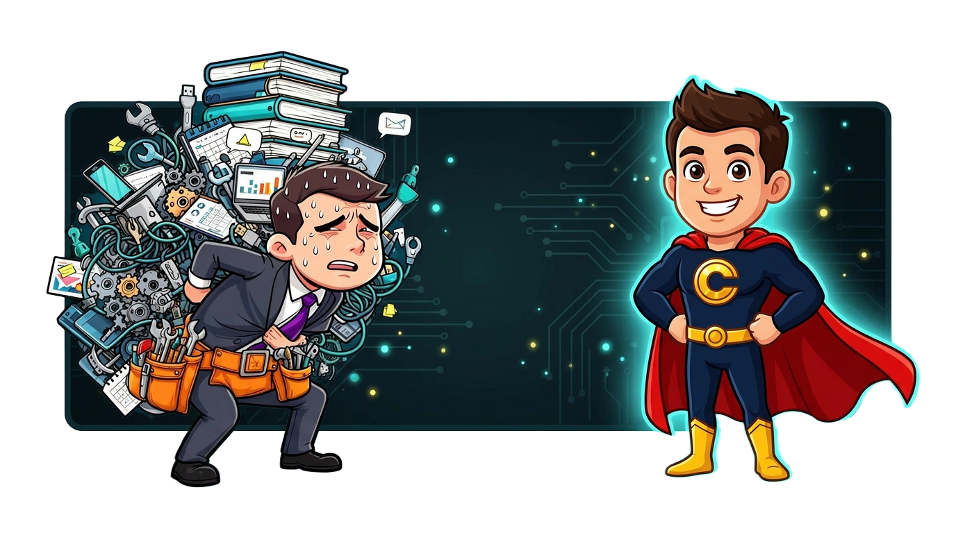Exhausted worker buckling under a giant tool belt of SaaS tools next to Captain Capacity standing free